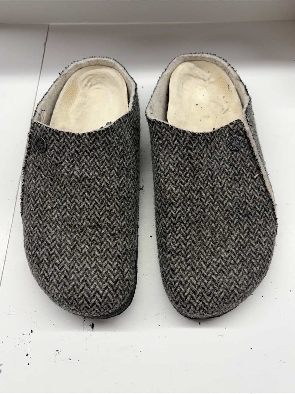 Used Birkenstock Zermatt Shearling Women's Slippers Herringbone Grey Wool sz 40